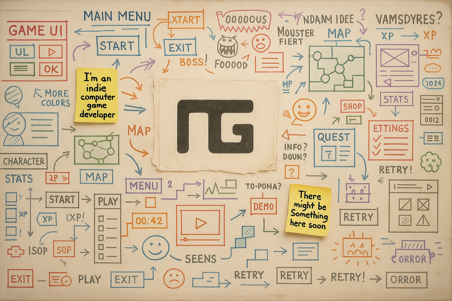 A full view of a whiteboard filled with colorful, chaotic game design sketches and handwritten notes. In the center, a small, hand-drawn version of a game logo is integrated into the scribbles. Two yellow sticky notes are visible, reading: “I'm an indie computer game developer.” and “There might be something here soon.” The whiteboard is shown in high detail with marker smudges, taped paper snippets, and realistic studio lighting.